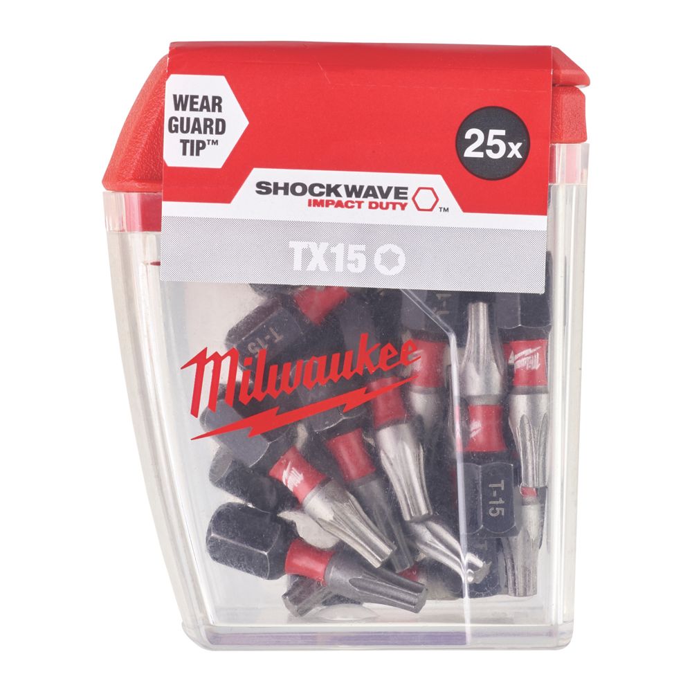 Image of Milwaukee SHOCKWAVE 1/4" 25mm Hex Shank TX15 Screwdriver Bits 25 Pack 