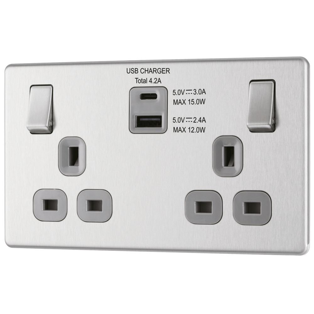 Image of LAP 13A 2-Gang DP Switched Socket + 4.2A 2-Outlet Type A & C USB Charger Brushed Stainless Steel with Graphite Inserts 