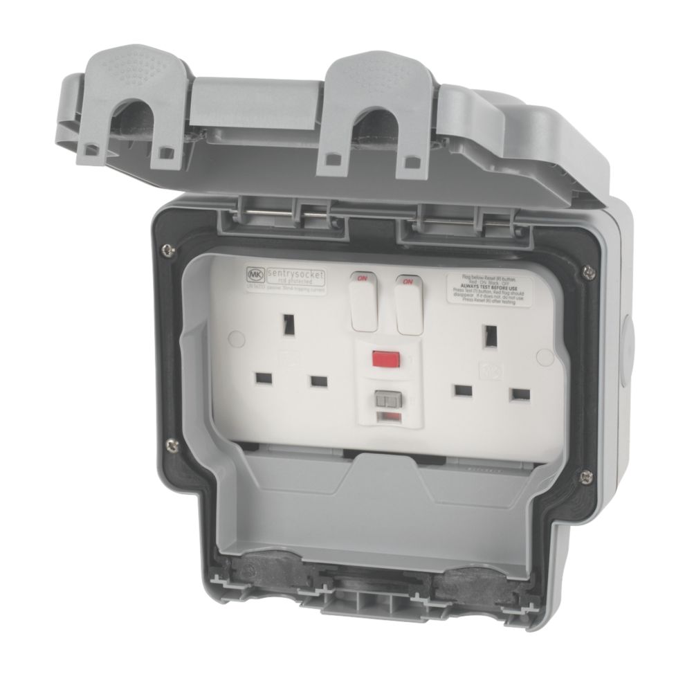 Image of MK Masterseal Plus IP66 13A 2-Gang DP Weatherproof Outdoor Switched Passive RCD Socket 