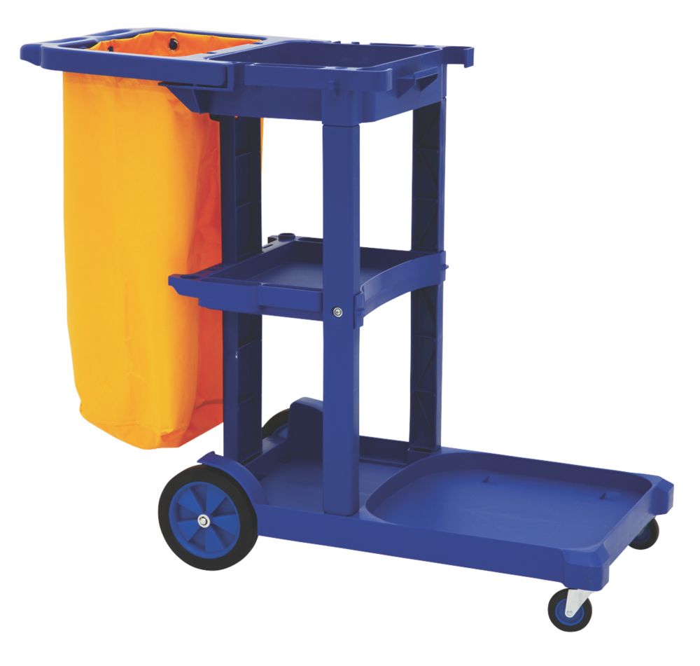 Image of Blue 3-Shelf Cleaning Trolley with Bag 