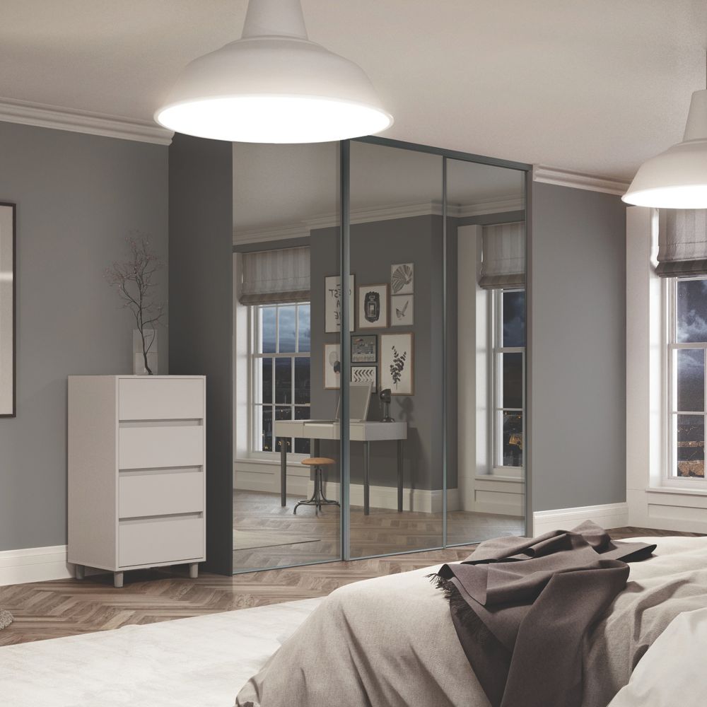 Image of Spacepro Classic 3-Door Sliding Wardrobe Door Kit Graphite Frame Mirror Panel 2216mm x 2260mm 