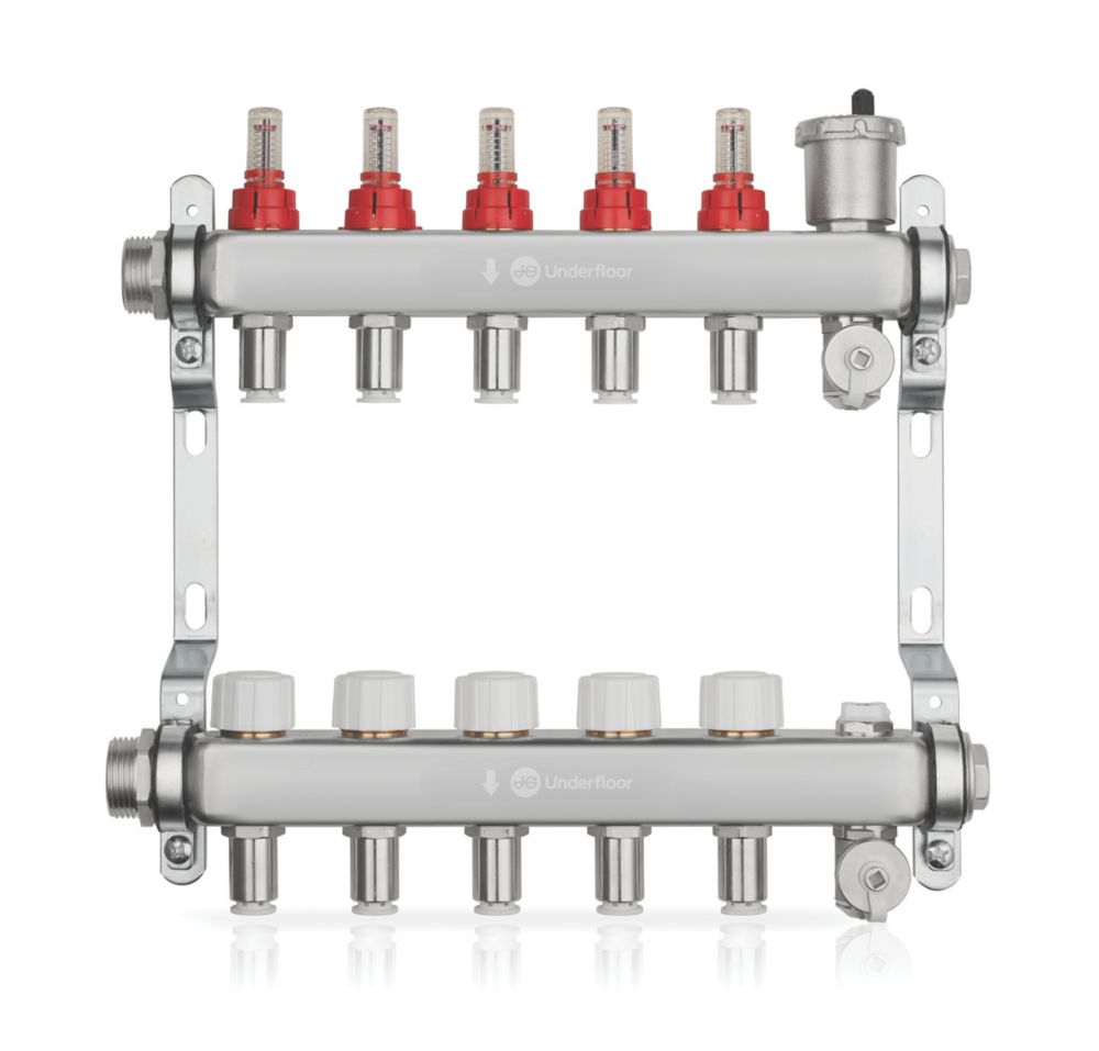 Image of JG Underfloor 5 Port LowFit Underfloor Heating Manifold Brushed Steel 