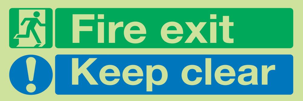 Image of Nite-Glo Photoluminescent "Fire Exit Keep Clear" Sign 150mm x 450mm 