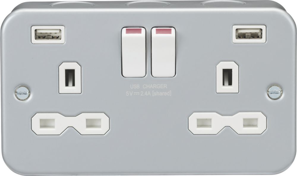 Image of Knightsbridge 13A 2-Gang SP Switched Metal Clad Socket + 2.4A 2-Outlet Type A USB Charger with White Inserts 
