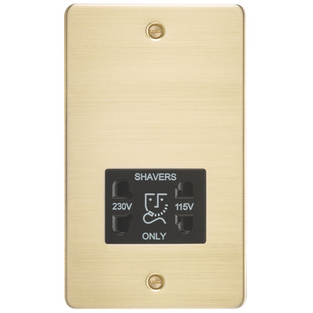 Image of Knightsbridge 2-Gang Dual Voltage Shaver Socket 115 V / 230V Brushed Brass with Black Inserts 