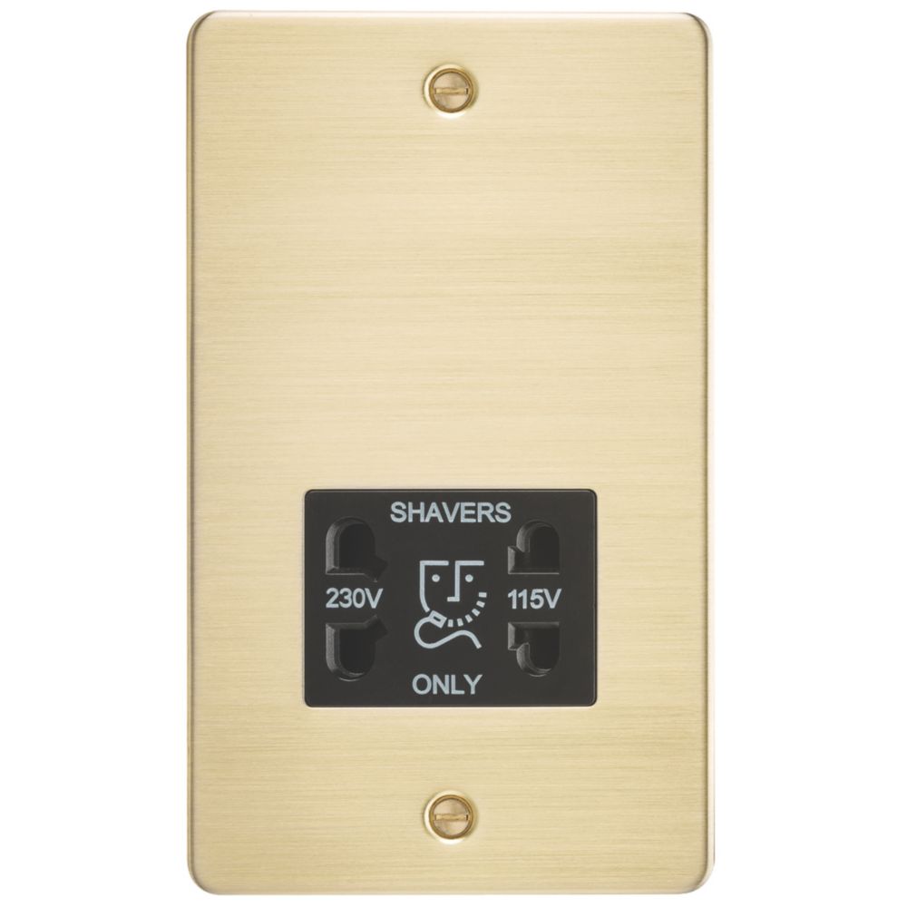 Image of Knightsbridge 2-Gang Dual Voltage Shaver Socket 115 V / 230V Brushed Brass with Black Inserts 