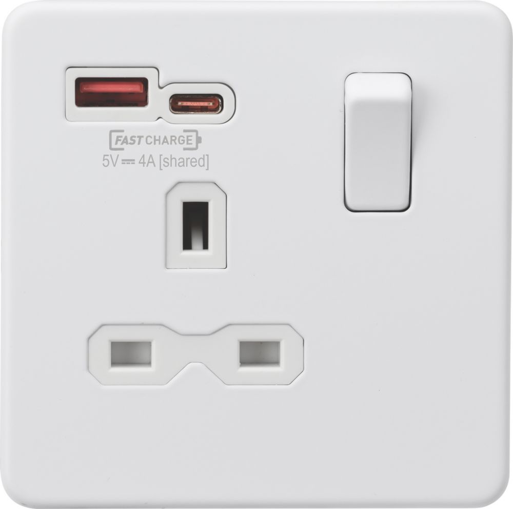 Image of Knightsbridge 13A 1-Gang SP Switched Socket + 4.0A 2-Outlet Type A & C USB Charger Matt White with White Inserts 