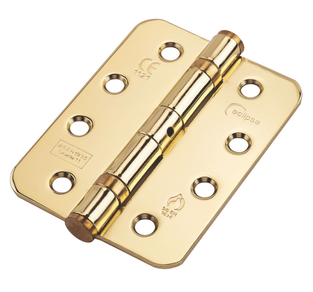 Image of Eclipse Electro Brass Grade 11 Fire Rated Ball Bearing Fire Hinges Radius Corners 102mm x 76mm 2 Pack 