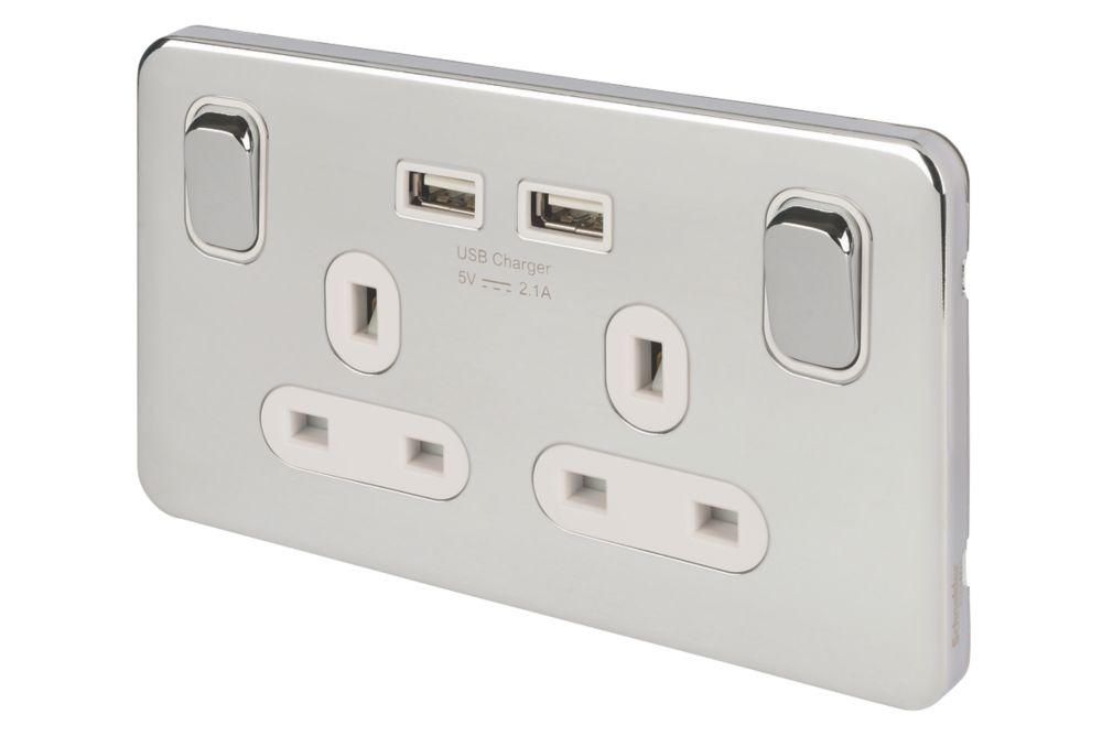 Image of Schneider Electric Lisse Deco 13A 2-Gang SP Switched Socket + 2.1A 2-Outlet Type A USB Charger Polished Chrome with White Inserts 
