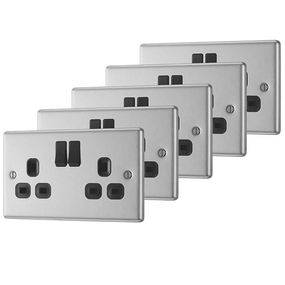 Image of LAP 13A 2-Gang SP Switched Plug Socket Brushed Stainless Steel with Black Inserts 5 Pack 