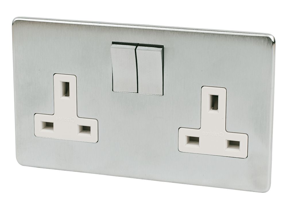 Image of Crabtree Platinum 13A 2-Gang DP Switched Plug Socket Satin Chrome with White Inserts 