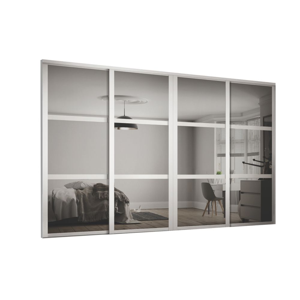 Image of Spacepro Shaker 4-Door Sliding Wardrobe Door Kit Cashmere Frame Mirror Panel 2370mm x 2260mm 