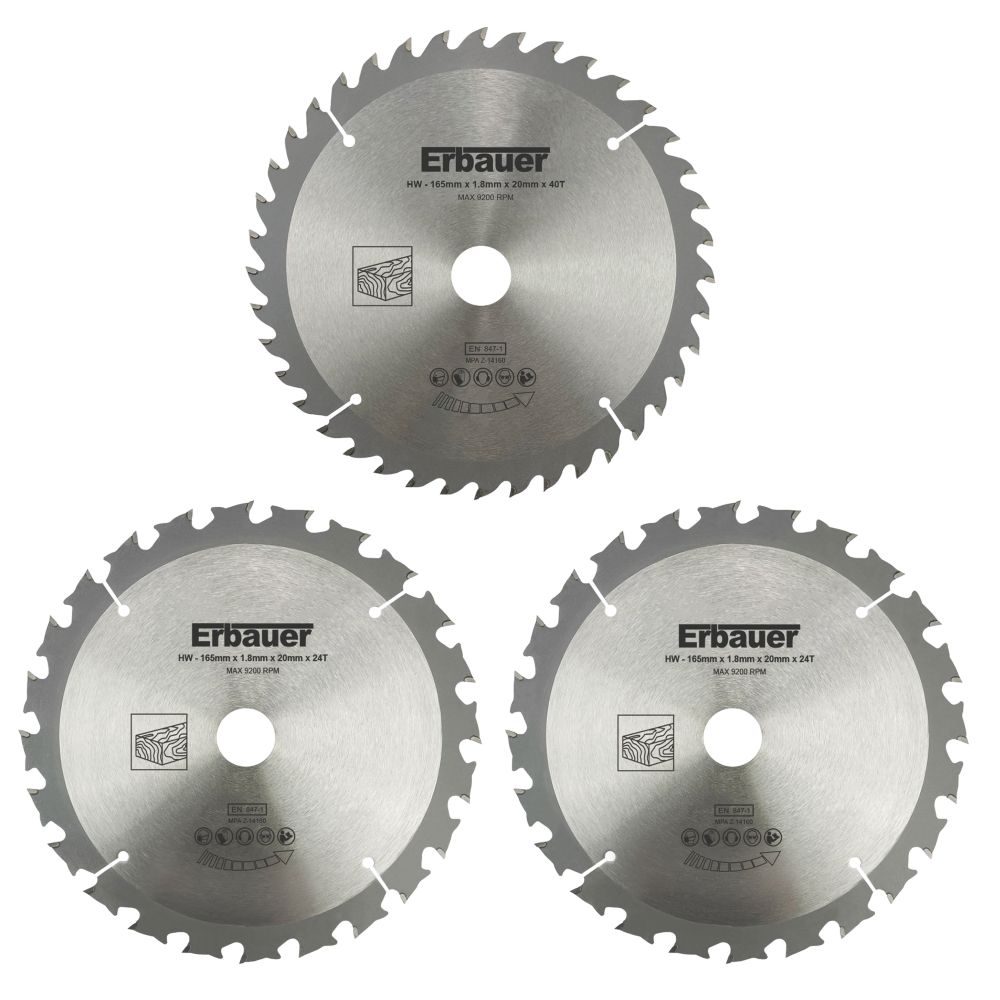 Image of Erbauer Wood Saw Blades 165mm x 20mm 24 & 40T 3 Pack 