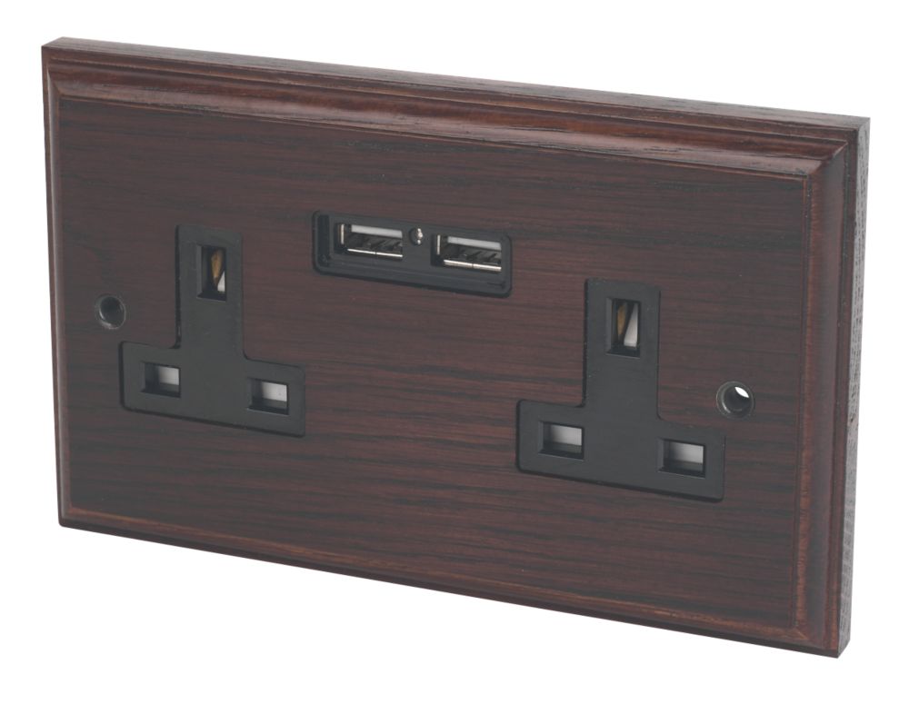 Image of Varilight 13AX 2-Gang Unswitched Socket + 2.1A 2-Outlet Type A USB Charger Dark Oak with Black Inserts 