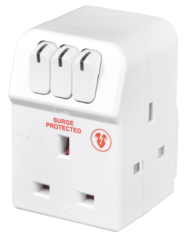 Image of Masterplug 13A Fused 3-Way Surge-Protected Multi-Way Plug Adaptor White 