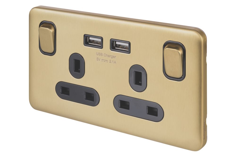 Image of Schneider Electric Lisse Deco 13A 2-Gang SP Switched Socket + 2.1A 2-Outlet Type A USB Charger Satin Brass with Black Inserts 