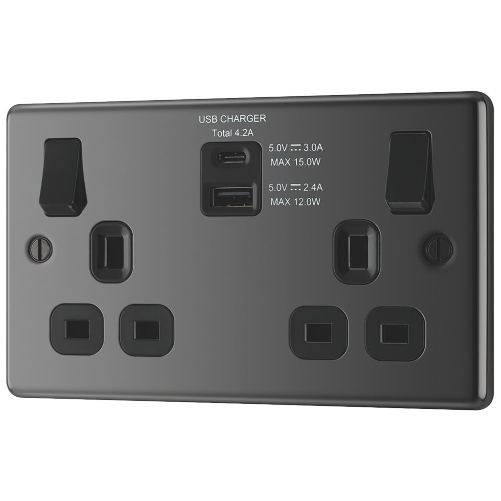 Image of LAP 13A 2-Gang SP Switched Socket + 4.2A 2-Outlet Type A & C USB Charger Black Nickel with Black Inserts 