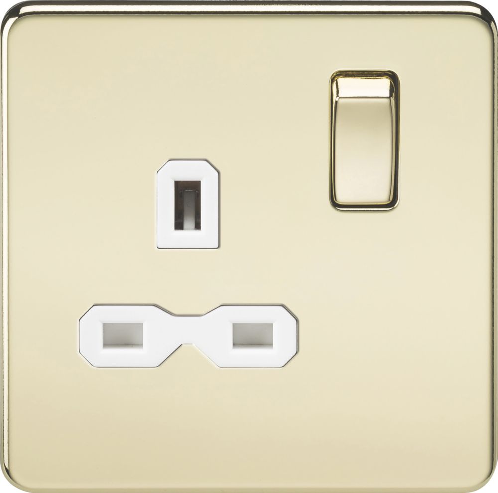 Image of Knightsbridge 13A 1-Gang DP Switched Single Socket Polished Brass with White Inserts 