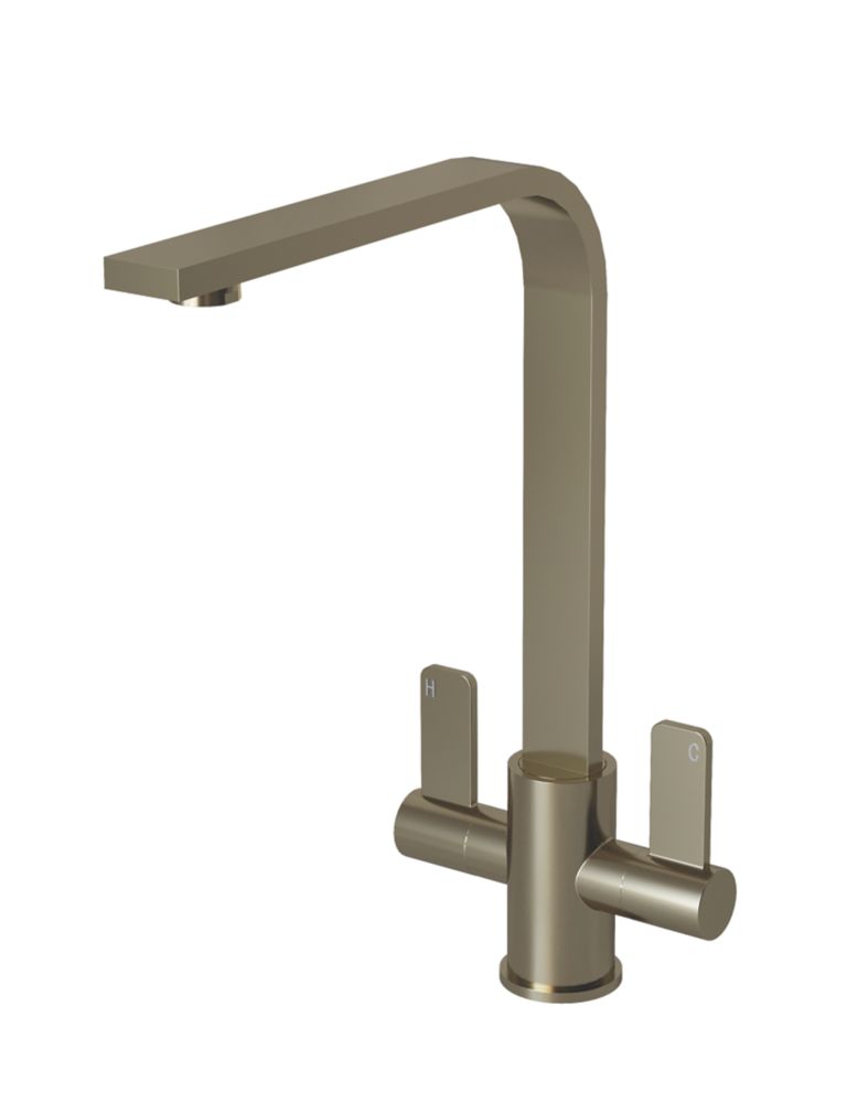 Image of ETAL Stroud Twin Lever Kitchen Mixer Tap Brushed Steel 