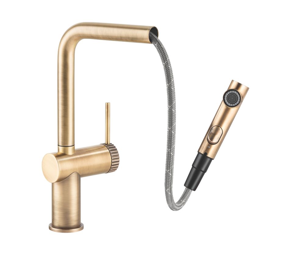 Image of Abode Fraction Pull-Out Spray Mono Mixer Kitchen Tap Antique Brass 