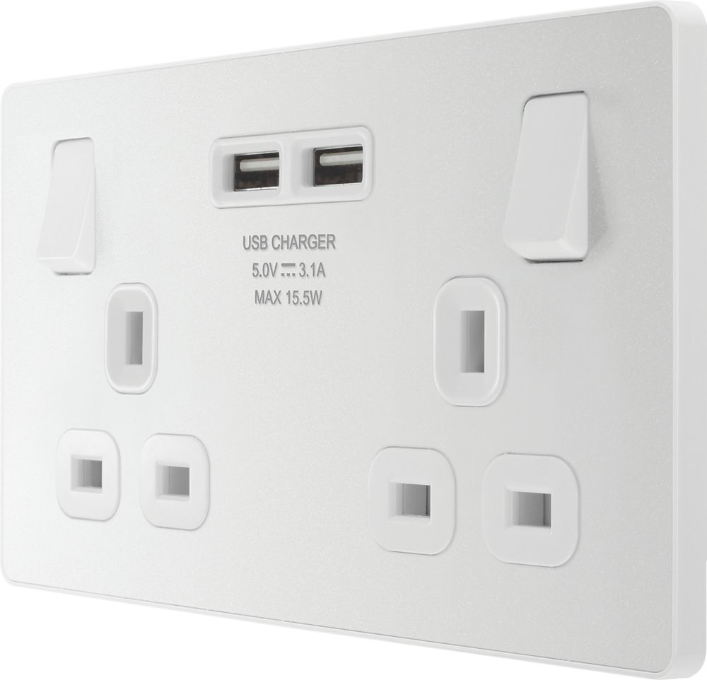 Image of British General Evolve 13A 2-Gang SP Switched Socket + 3.1A 2-Outlet Type A USB Charger Pearlescent White with White Inserts 