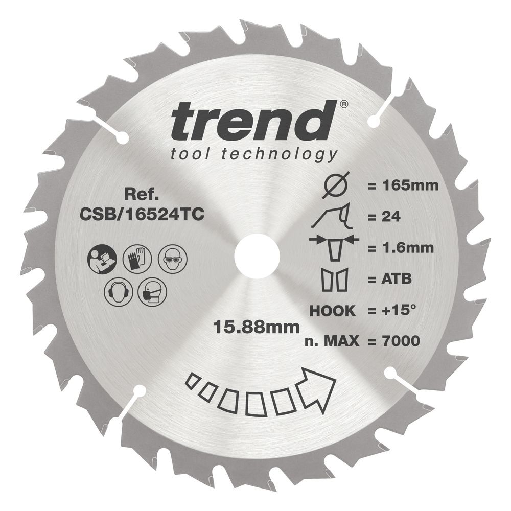 Image of Trend CraftPo CSB/16524TC Wood Thin Kerf Circular Saw Blade 165mm x 15.88mm 24T 