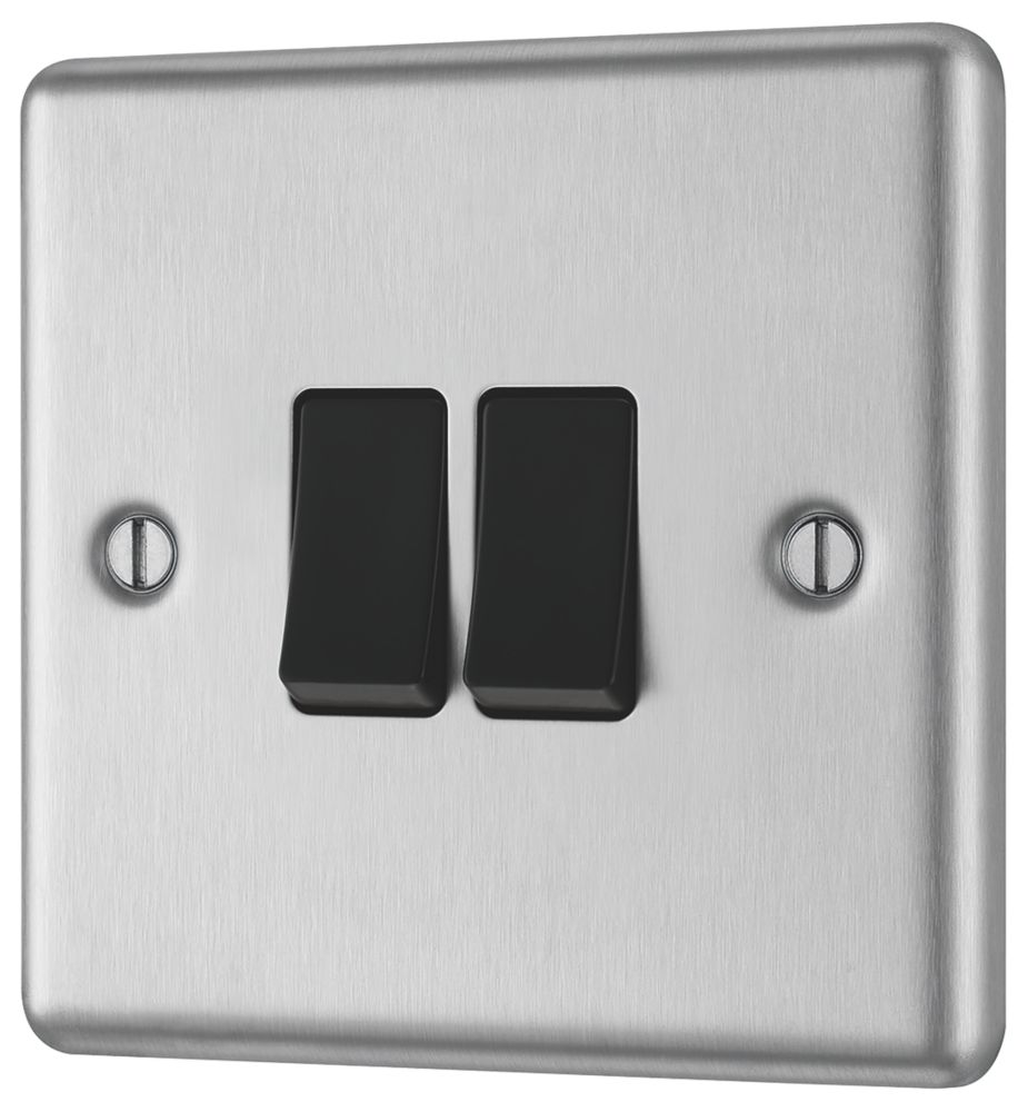 Image of LAP 10AX 2-Gang 2-Way Light Switch Brushed Stainless Steel with Black Inserts 