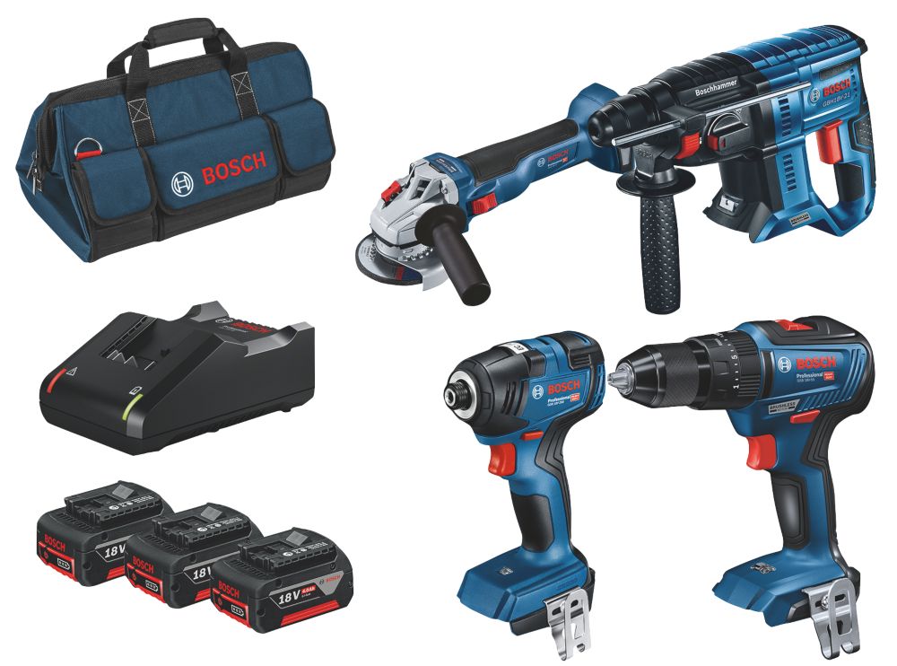 Image of Bosch 0615990M2B 18V 3 x 4.0Ah Li-Ion Coolpack Brushless Cordless 4 Piece Kit 
