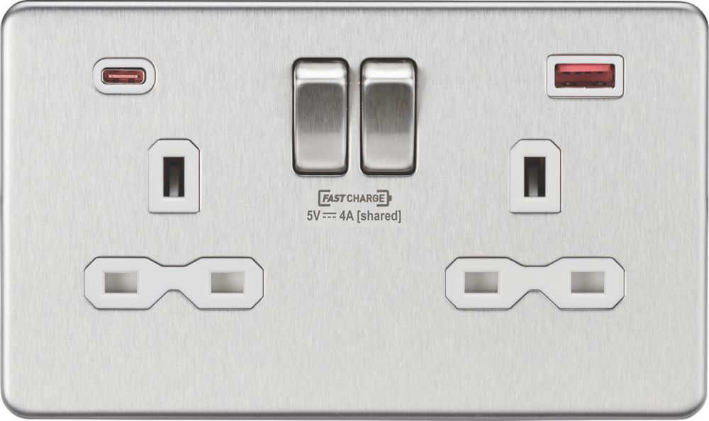 Image of Knightsbridge 13A 2-Gang DP Switched Socket + 4.0A 2-Outlet Type A & C USB Charger Brushed Chrome with White Inserts 