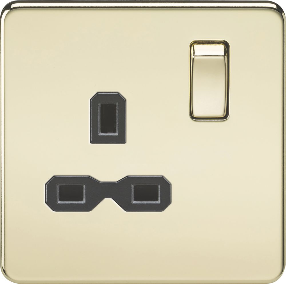 Image of Knightsbridge 13A 1-Gang DP Switched Single Socket Polished Brass with Black Inserts 