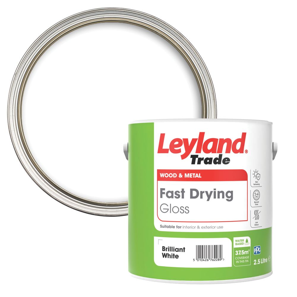 Image of Leyland Trade Gloss Brilliant White Trim Fast-Drying Paint 2.5Ltr 