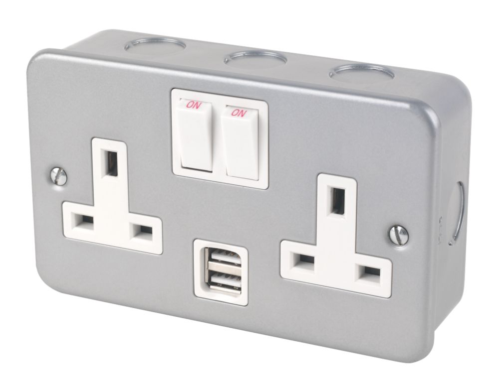 Image of 13A 2-Gang DP Switched Metal Clad Socket + 2.1A 2-Outlet Type A USB Charger with White Inserts 