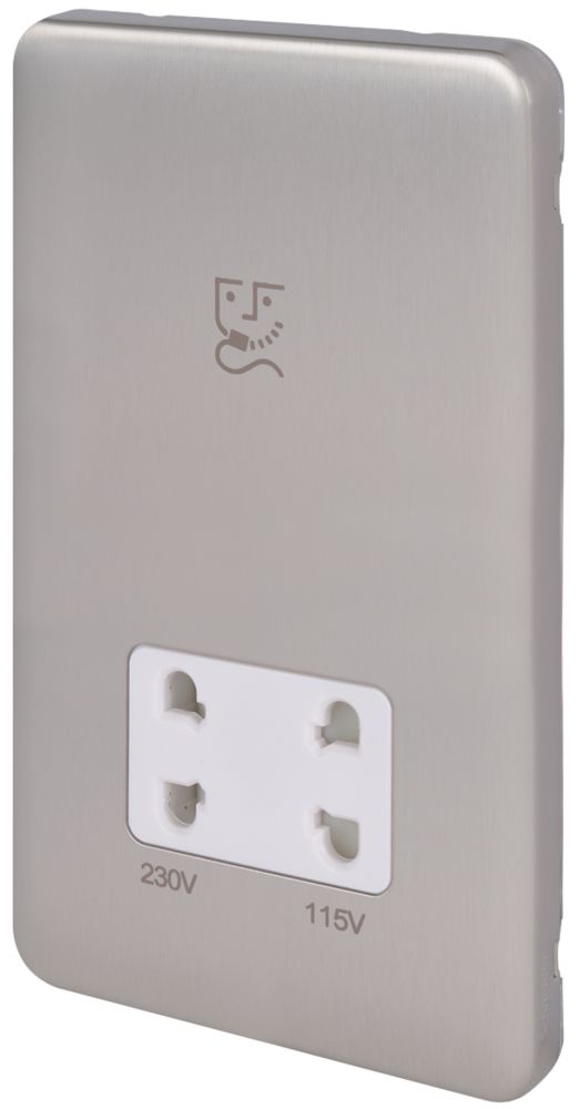 Image of Schneider Electric Lisse Deco 2-Gang Dual Voltage Shaver Socket 115 / 230V Brushed Stainless Steel with White Inserts 