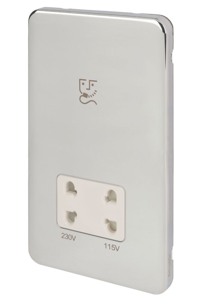 Image of Schneider Electric Lisse Deco 2-Gang Dual Voltage Shaver Socket 115 / 230V Polished Chrome with White Inserts 
