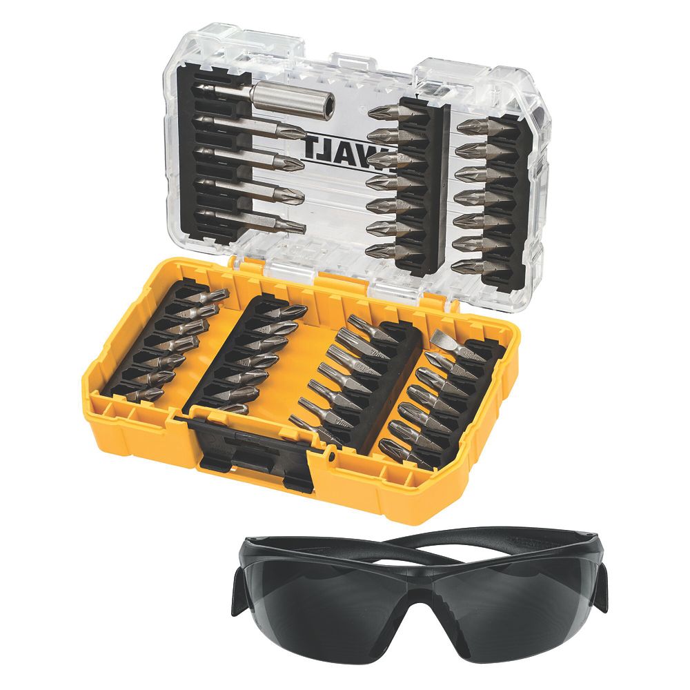 Image of DeWalt 6.35mm Hex Shank Mixed Screwdriver Bit Set & Safety Glasses 47 Pieces 