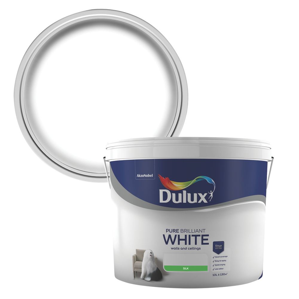 Image of Dulux Silk Pure Brilliant White Emulsion Paint 10Ltr 