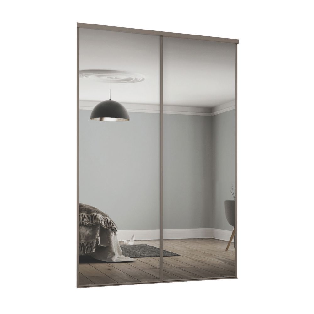 Image of Spacepro Classic 2-Door Sliding Wardrobe Door Kit Stone Grey Frame Mirror Panel 1185mm x 2260mm 