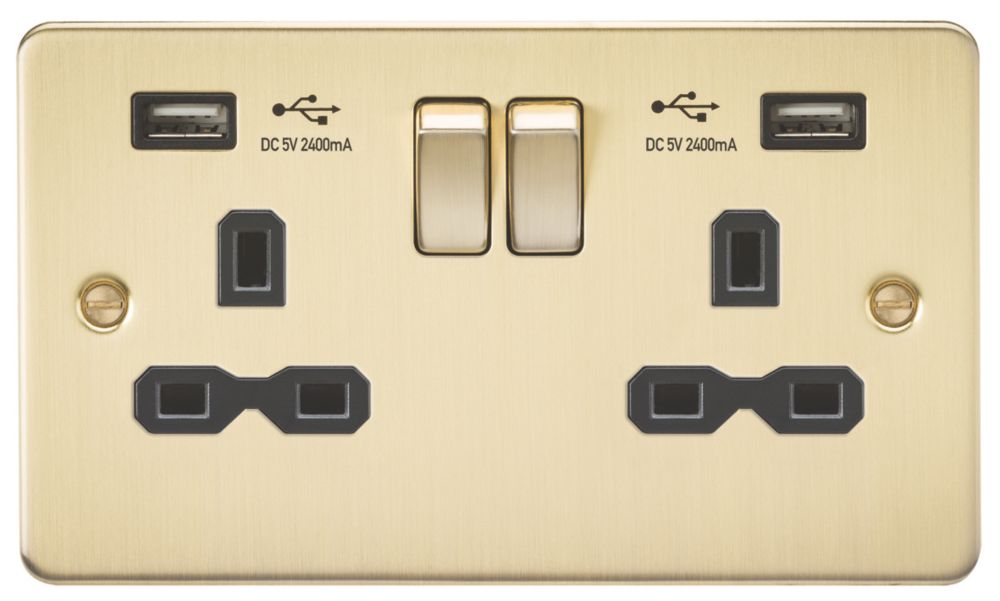 Image of Knightsbridge 13A 2-Gang SP Switched Socket + 2.4A 2-Outlet Type A USB Charger Brushed Brass with Black Inserts 