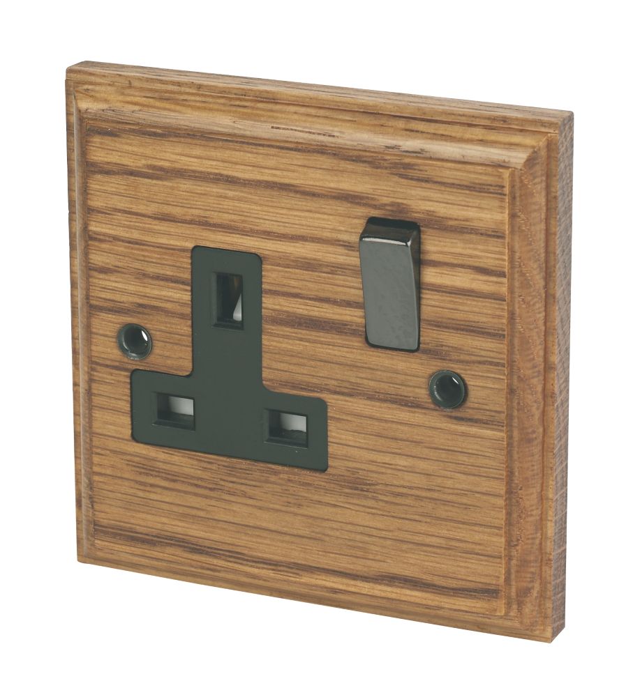 Image of Varilight 13AX 1-Gang DP Switched Plug Socket Medium Oak with Black Inserts 