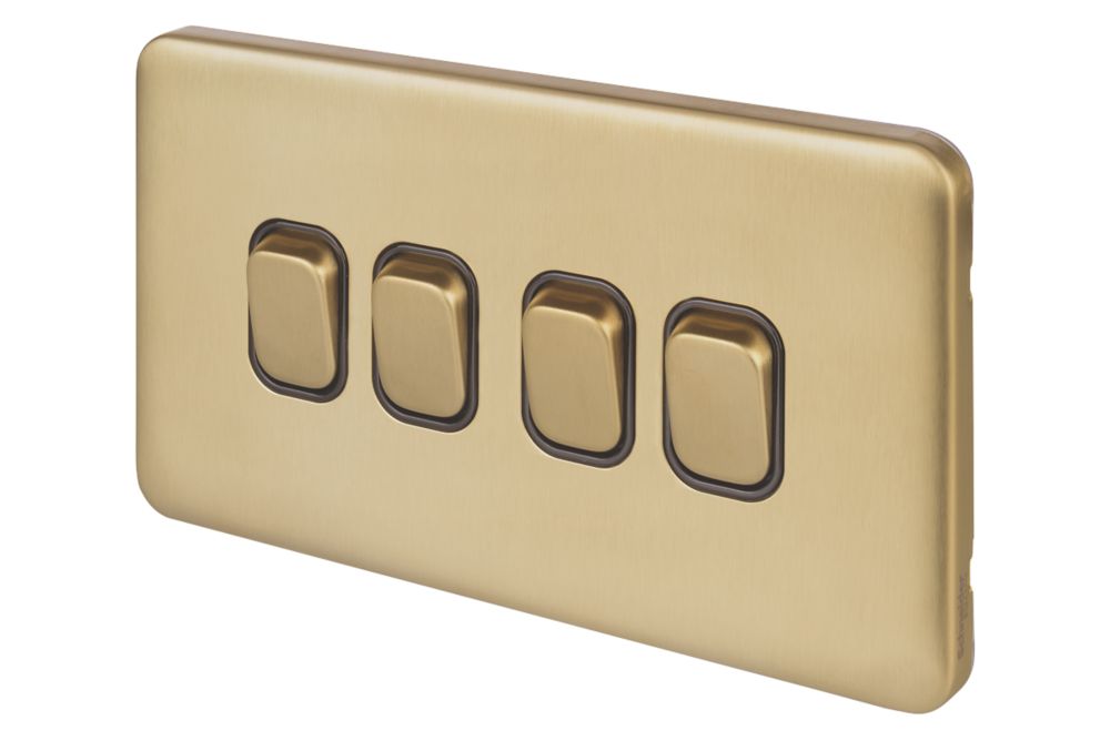 Image of Schneider Electric Lisse Deco 10AX 4-Gang 2-Way Light Switch Satin Brass with Black Inserts 