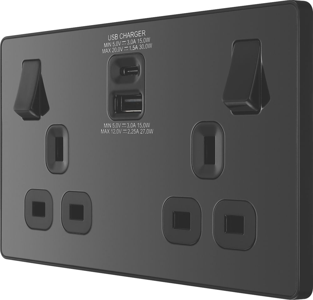 Image of British General Evolve 13A 2-Gang SP Switched Socket + 3A 2-Outlet Type A & C USB Charger Black with Black Inserts 