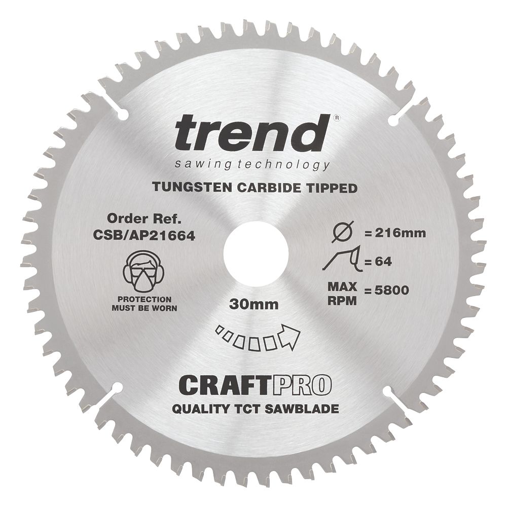 Image of Trend CraftPro Aluminium/Plastic Circular Saw Blade 216mm x 30mm 64T 