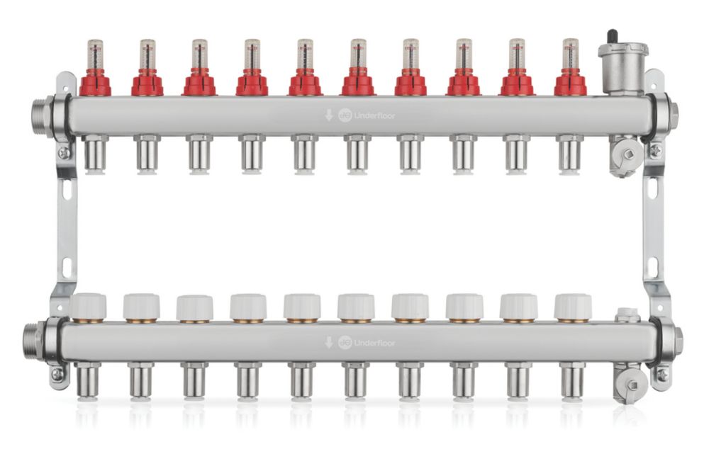 Image of JG Underfloor 10 Port LowFit Underfloor Heating Manifold Brushed Steel 