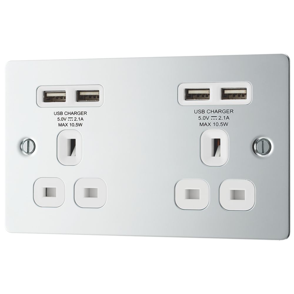 Image of LAP 13A 2-Gang Unswitched Socket + 4.2A 4-Outlet Type A USB Charger Polished Chrome with White Inserts 