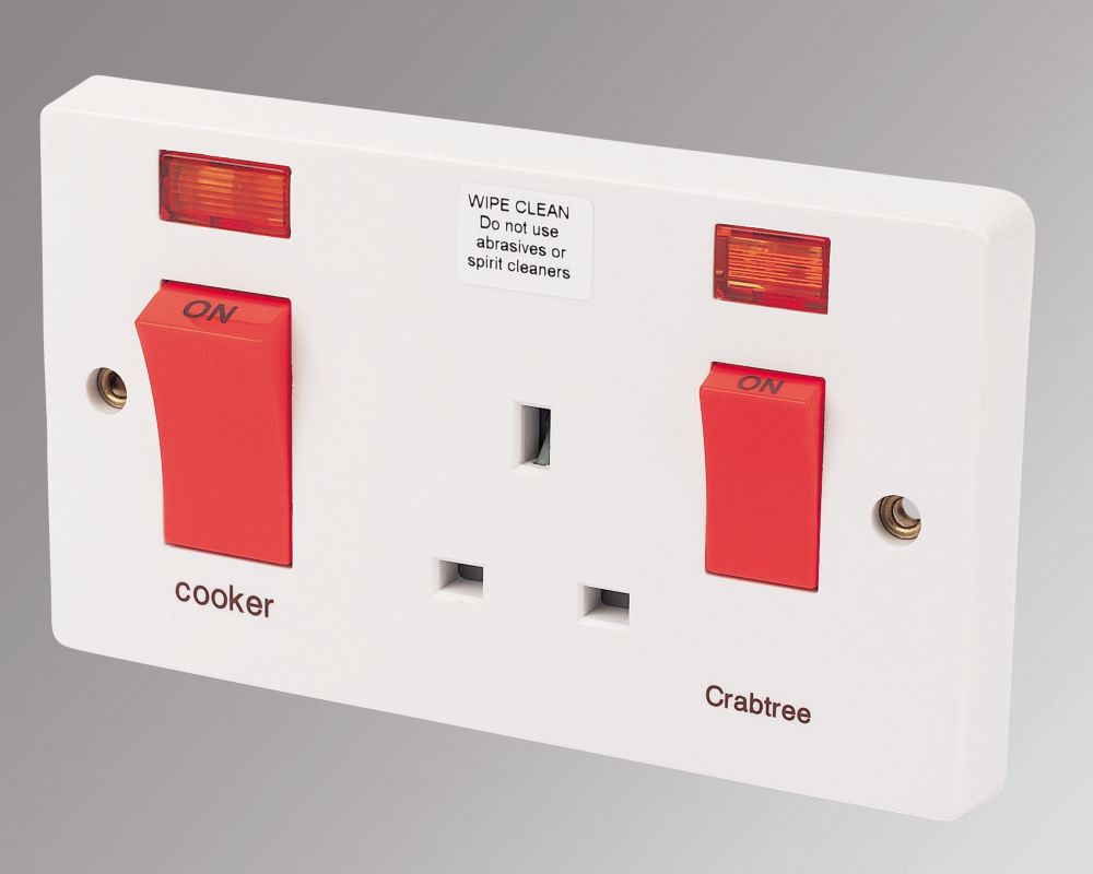 Image of Crabtree Capital 45 A & 13A 2-Gang DP Cooker Switch & 13A DP Switched Socket White with Neon 