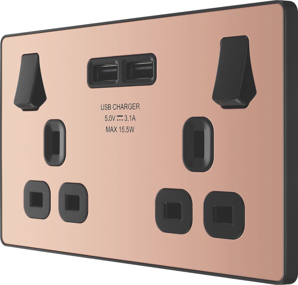 Image of British General Evolve 13A 2-Gang SP Switched Socket + 3.1A 2-Outlet Type A USB Charger Copper with Black Inserts 