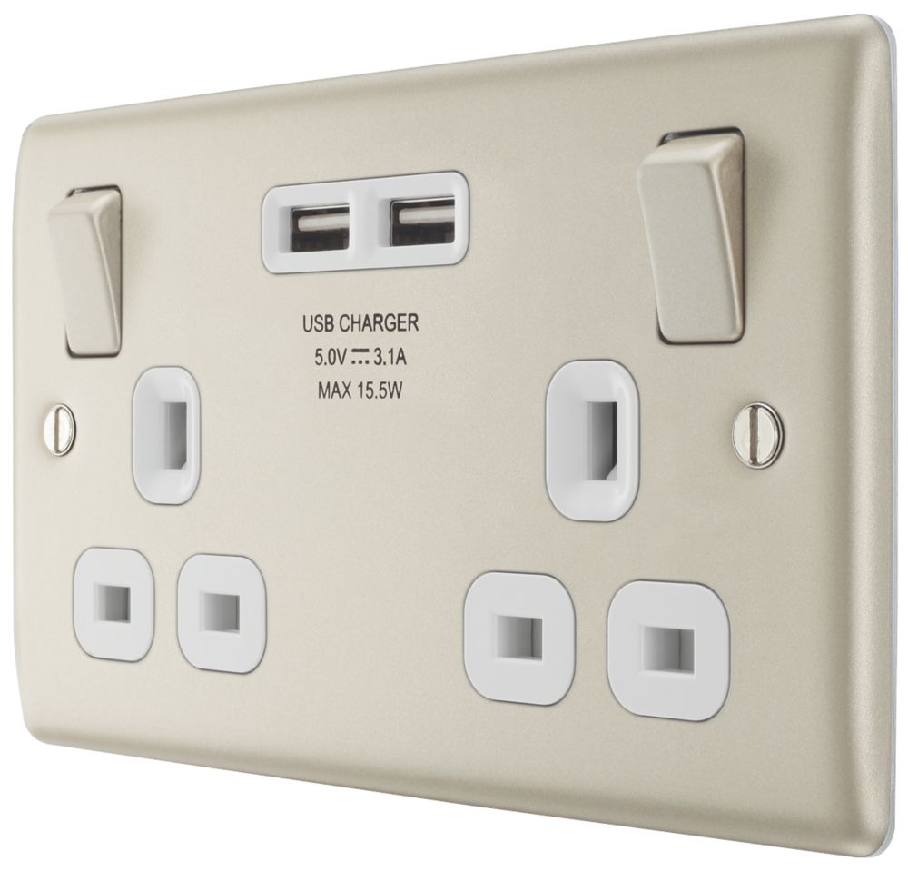Image of British General Nexus Metal 13A 2-Gang SP Switched Socket + 3.1A 2-Outlet Type A USB Charger Pearl Nickel with White Inserts 