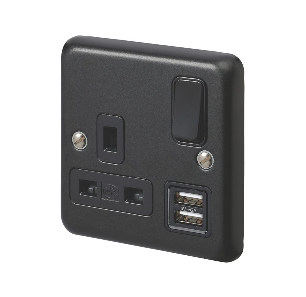 Image of MK Contoura 13A 1-Gang DP Switched Socket + 2A 2-Outlet Type A USB Charger Black with Colour-Matched Inserts 