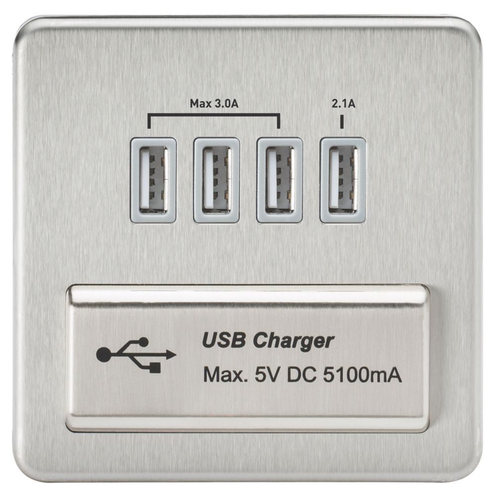 Image of Knightsbridge 5.1A 4-Outlet Type A USB Socket Brushed Chrome with Colour-Matched Inserts 