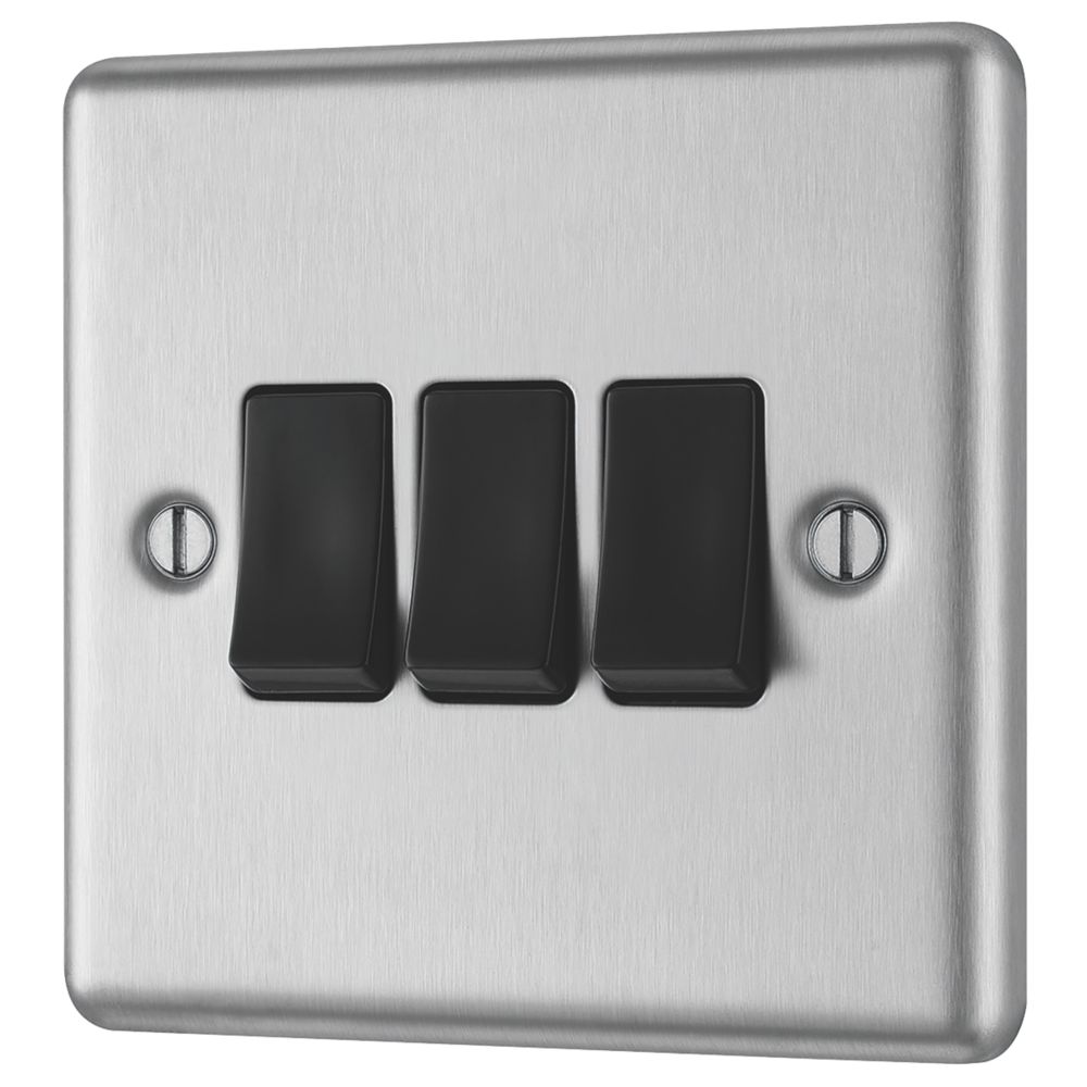 Image of LAP 10AX 3-Gang 2-Way Light Switch Brushed Stainless Steel with Black Inserts 